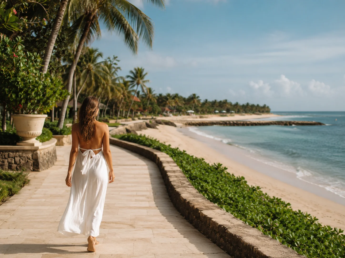 Nusa Dua landscaped beachfront and calm sea in Bali