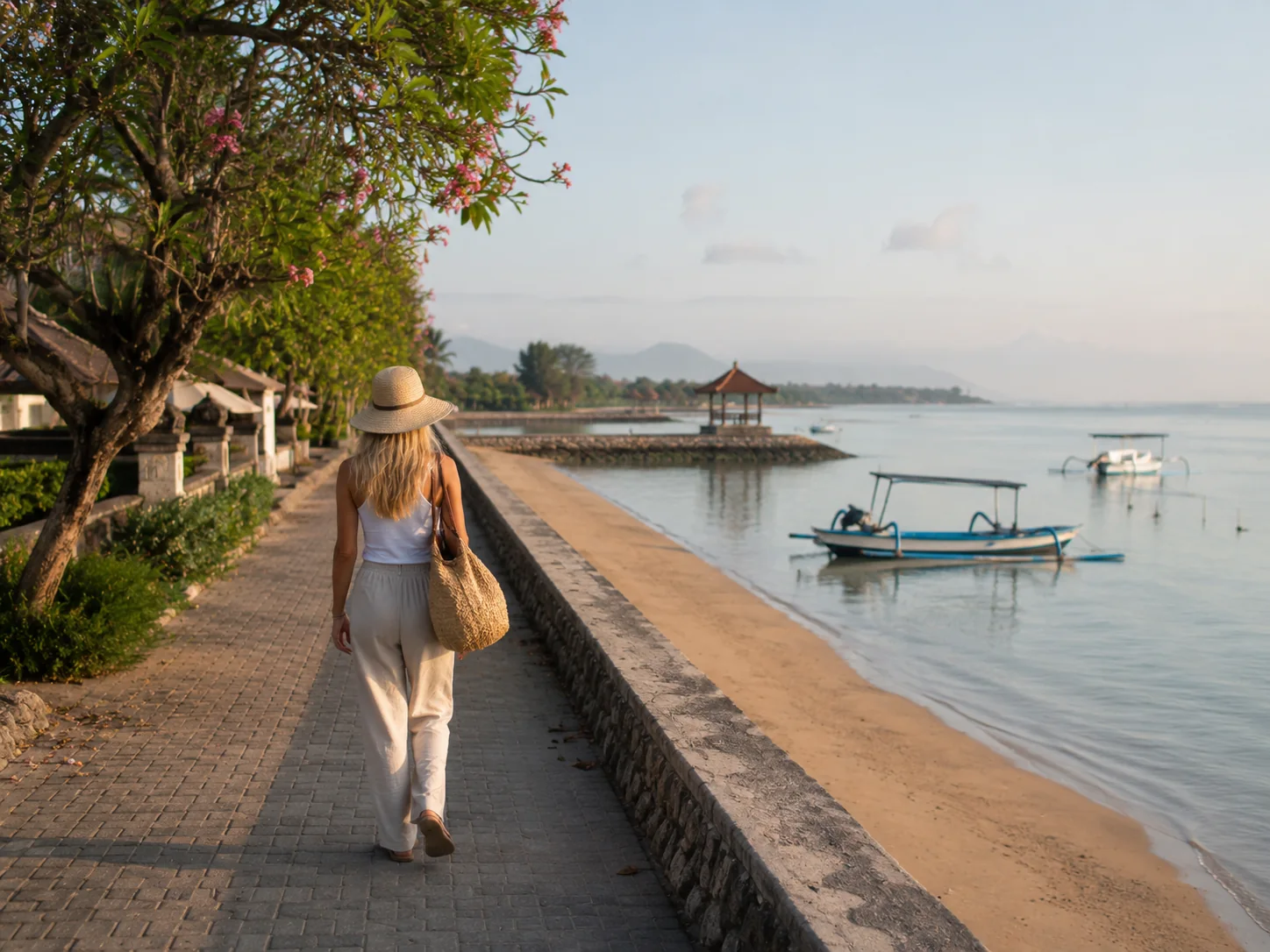 Sanur seaside promenade and calm coastal morning in Bali