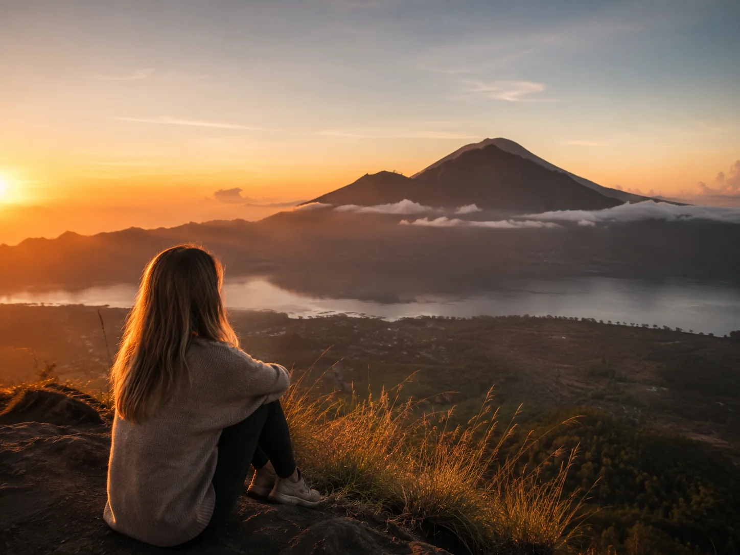 Mount Batur sunrise and volcanic highland landscape in Bali