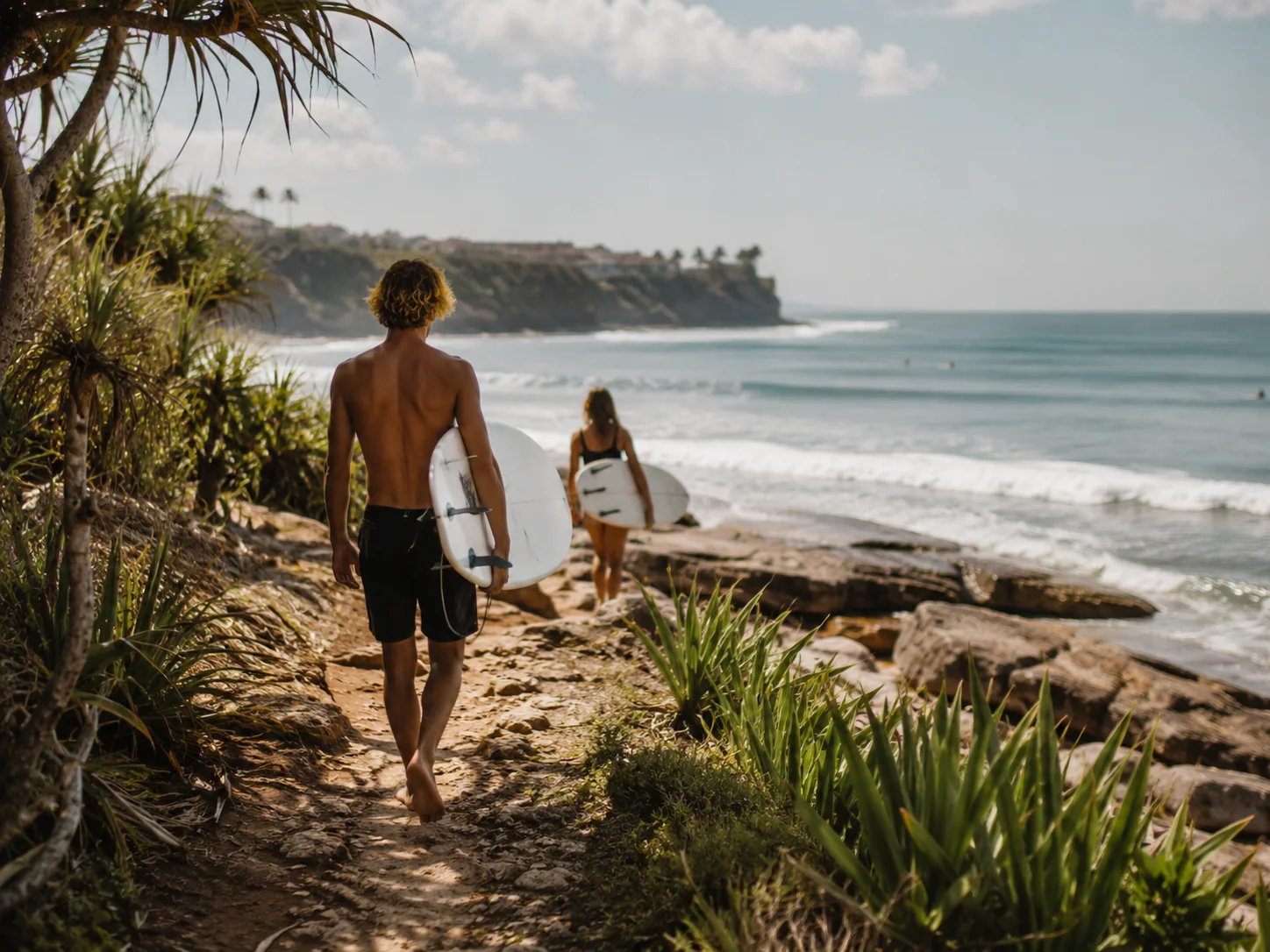 Surfers walking toward the coast in Bali