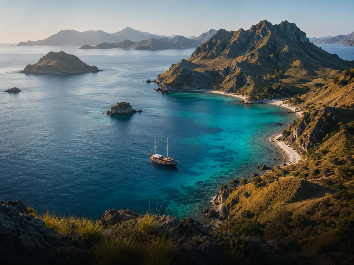 Komodo and Flores island bay with turquoise water