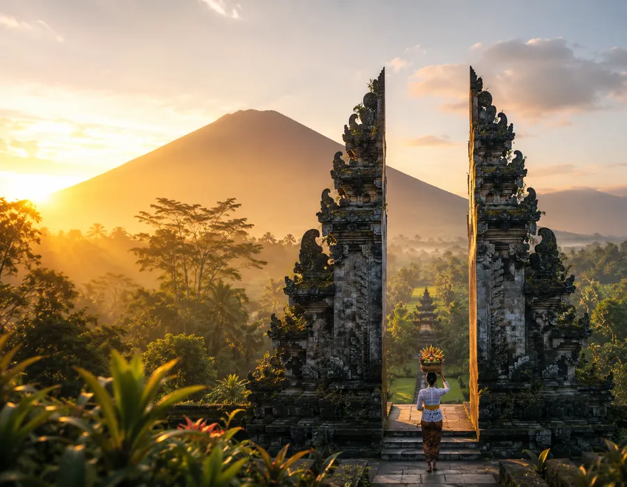 Balinese temple gate and cultural landscape at golden hour