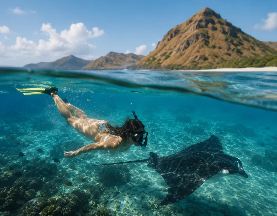 Snorkeling in Komodo with a ray in clear tropical water