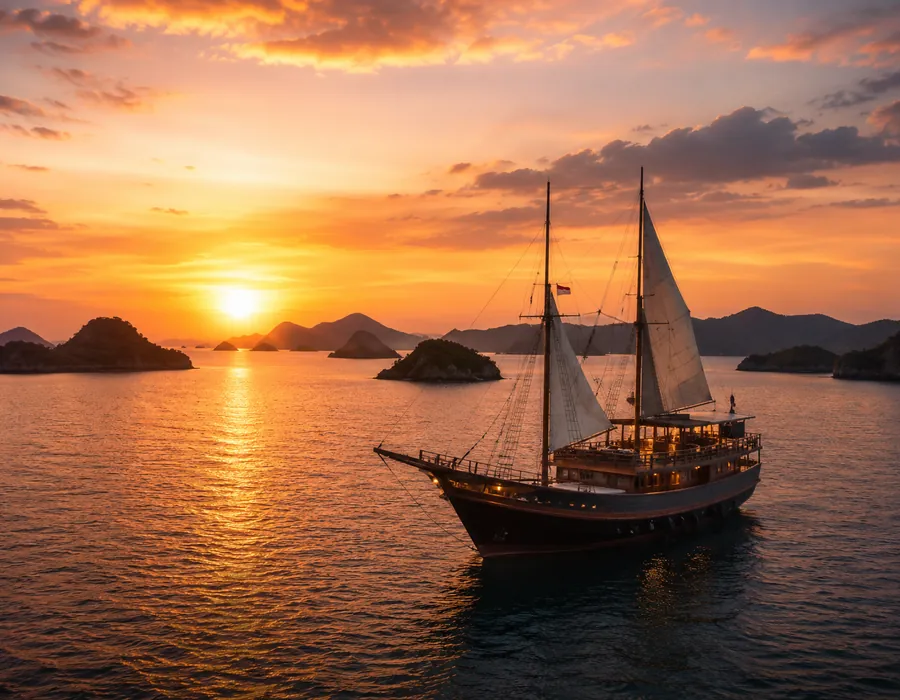 Traditional sailing boat at sunset near Labuan Bajo