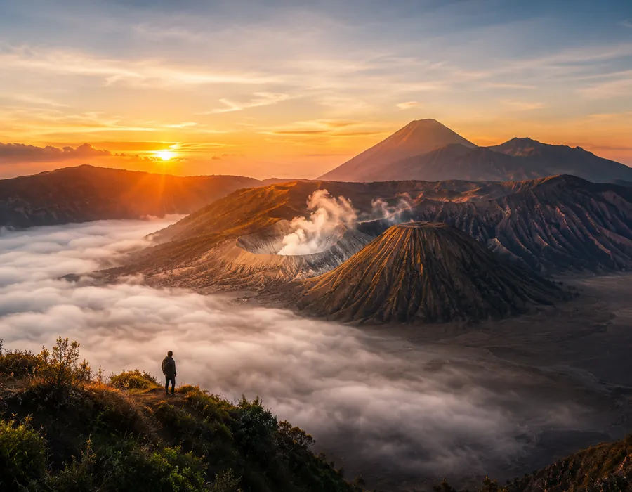 Mount Bromo volcanic landscape at sunrise in East Java