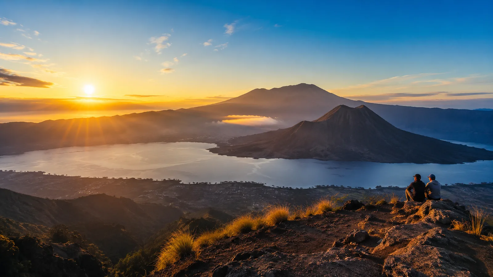 Sunrise over the Batur caldera and Lake Batur in Kintamani, Bali