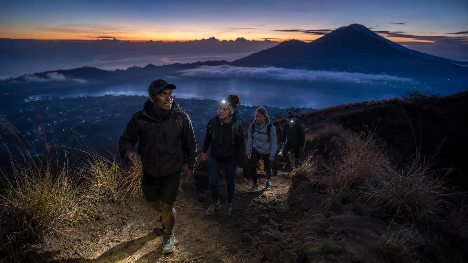 Hikers ascending Mount Batur before sunrise in Kintamani, Bali