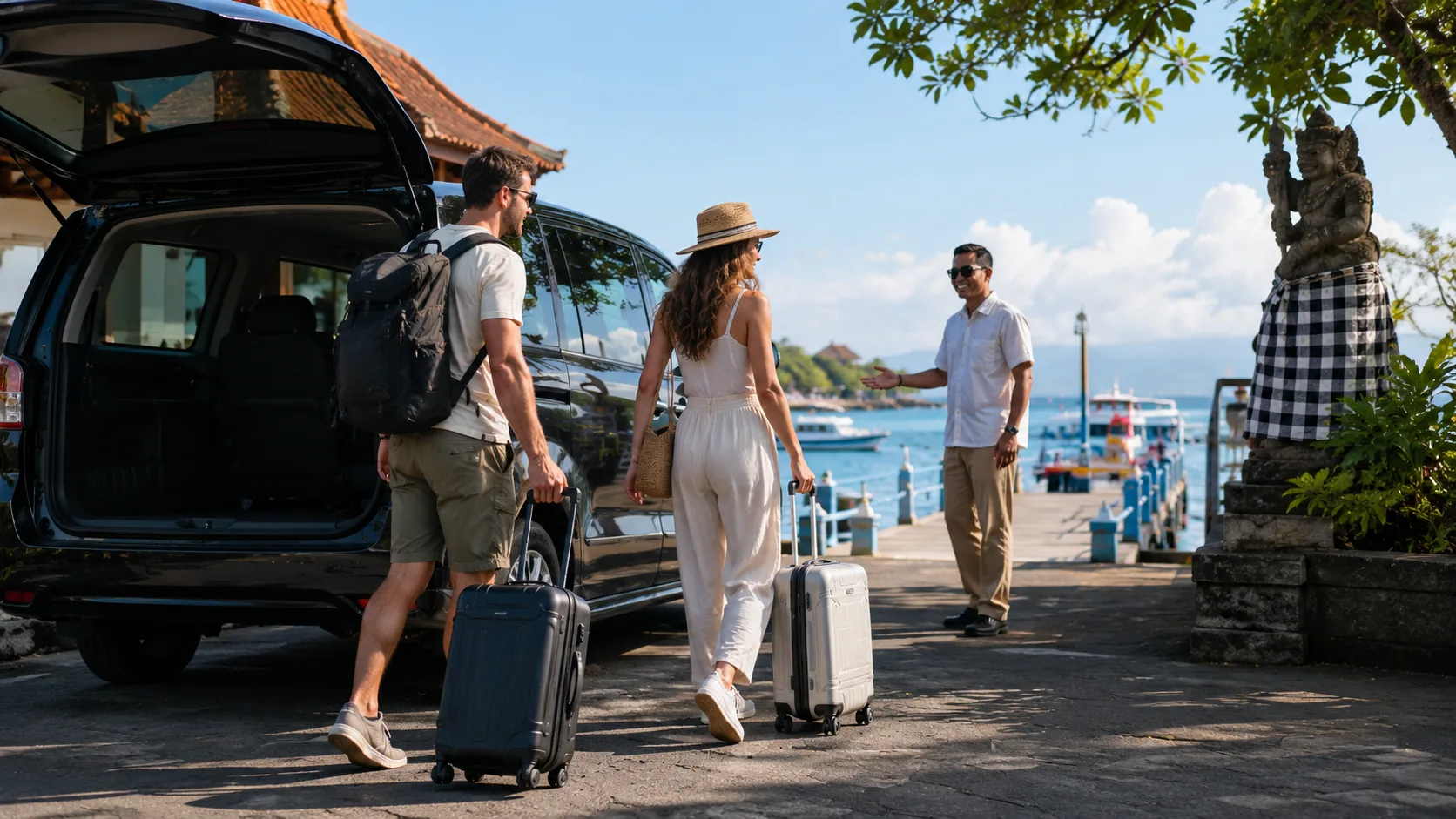 Travellers with luggage arriving by private transfer at a Bali harbour before a fast boat journey